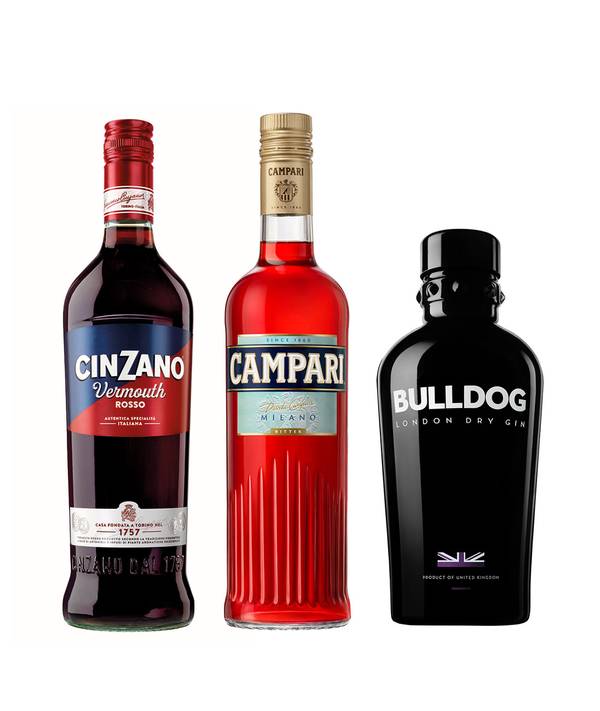 Zvýhodněný set Negroni = Campari + Bulldog Gin + Cinzano Rosso  26 Zvýhodněný set Negroni = Campari + Bulldog Gin + Cinzano Rosso  26